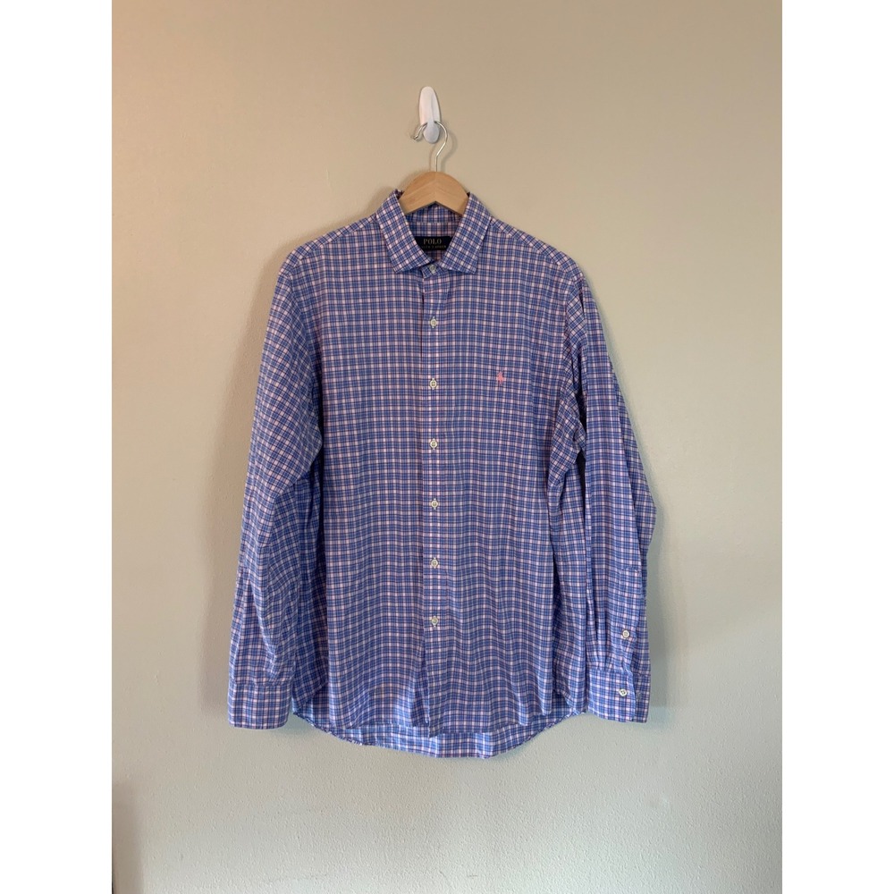 Polo Ralph Lauren Mens Large Blue Pink Plaid Cotton Long Sleeve Button Down L
